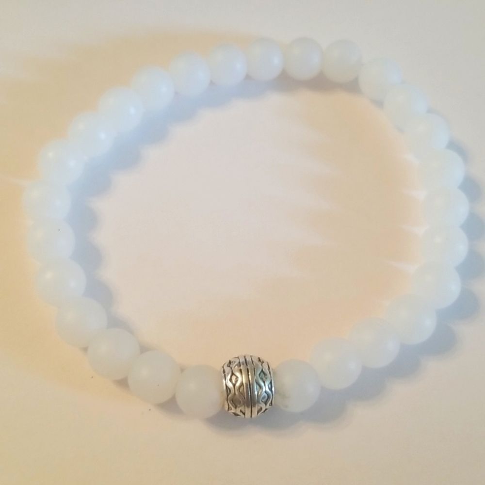 Mens 8" Transparent White Beaded Expansion Bracelet NWOT Custom W/Silverplt Bead